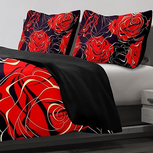 VAPOKF Duvet Covers Set Twin Size Soft and Breathable Microfiber Comforter Bedding Set 1 Duvet Cover 2 Pillowcase with Zipper Closure for Kids Women Men, Red Roses