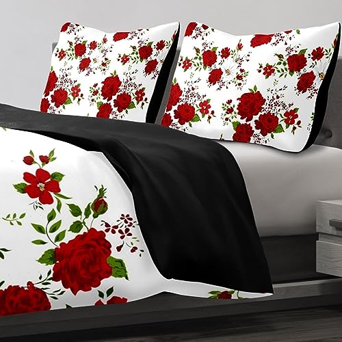 VAPOKF Duvet Covers Set Full Size Soft and Breathable Microfiber Comforter Bedding Set 1 Duvet Cover 2 Pillowcase with Zipper Closure for Kids Women Men, Red Spring Flowers