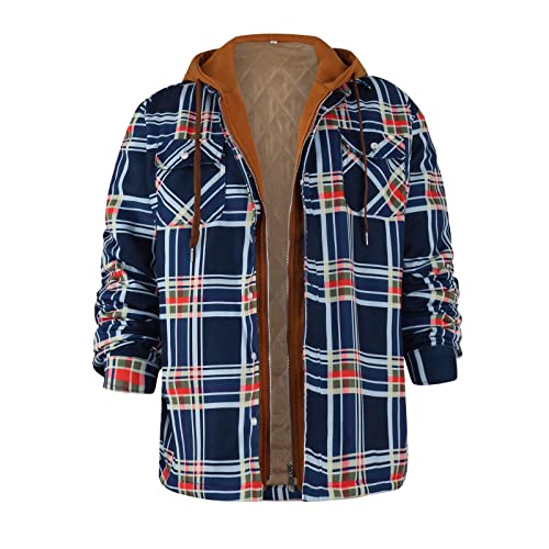 RTRDE Jackets For Men, Men's Quilted Lined Plaid Shirt Jackets With Hood Zipper Coats Outwear Shirt Men Shacket Heavyweight Shirt Jacket Tall Jackets Chamarra Para Hombre El Frio Fleece (XL, Navy)