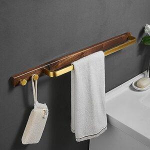Wall-Mounted Bathroom Towel Bar Wood Bath Towel Rack with Metal Rod Multifunctional Shelf Hook Self-Adhesive Towel Hook Towel Bar for Bathroom