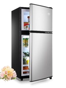krib bling 3.5 cu.ft mini fridge,small refrigerator 7 level adjustable thermostat removable shelves with stainless steel 2 door for office dorm apartment silver