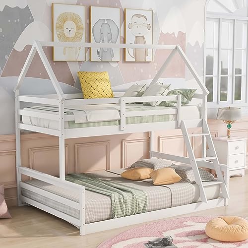 OTRIEK Bunk Bed Twin Over Full, House Bunk Bed with Full-Length Guardrail & Built-in Ladder for Boys Girls Bedroom, House Bed Design/No Box Spring Needed, Can Be Divided into 2 Separate Beds (White)