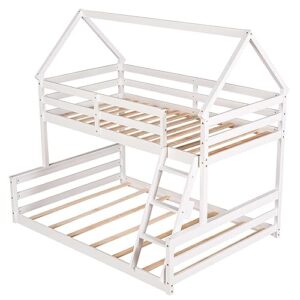 OTRIEK Bunk Bed Twin Over Full, House Bunk Bed with Full-Length Guardrail & Built-in Ladder for Boys Girls Bedroom, House Bed Design/No Box Spring Needed, Can Be Divided into 2 Separate Beds (White)