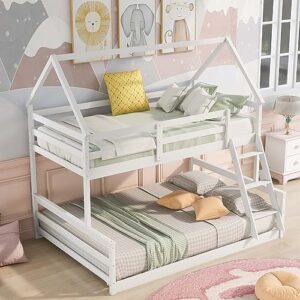 OTRIEK Bunk Bed Twin Over Full, House Bunk Bed with Full-Length Guardrail & Built-in Ladder for Boys Girls Bedroom, House Bed Design/No Box Spring Needed, Can Be Divided into 2 Separate Beds (White)