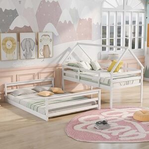 OTRIEK Bunk Bed Twin Over Full, House Bunk Bed with Full-Length Guardrail & Built-in Ladder for Boys Girls Bedroom, House Bed Design/No Box Spring Needed, Can Be Divided into 2 Separate Beds (White)