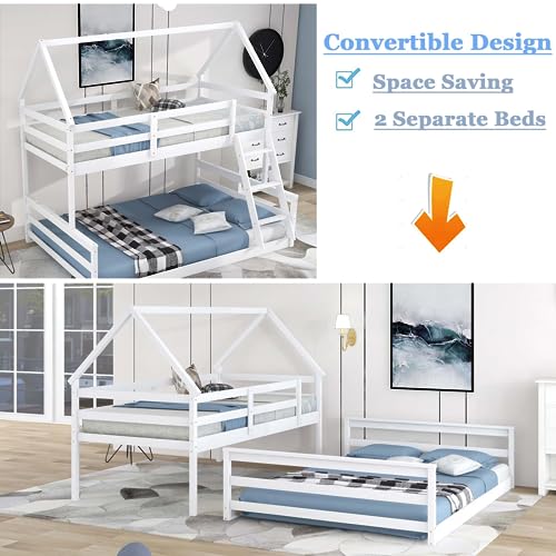 OTRIEK Bunk Bed Twin Over Full, House Bunk Bed with Full-Length Guardrail & Built-in Ladder for Boys Girls Bedroom, House Bed Design/No Box Spring Needed, Can Be Divided into 2 Separate Beds (White)