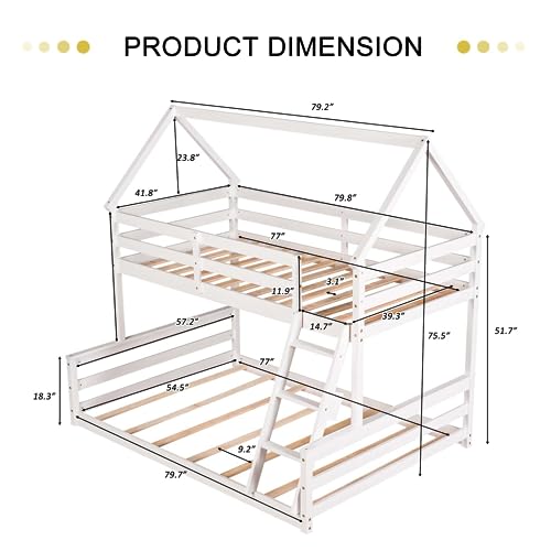 OTRIEK Bunk Bed Twin Over Full, House Bunk Bed with Full-Length Guardrail & Built-in Ladder for Boys Girls Bedroom, House Bed Design/No Box Spring Needed, Can Be Divided into 2 Separate Beds (White)