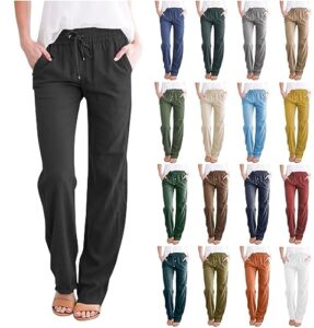 somacperiy women cotton linen casual pants straight leg drawstring elastic high waist loose comfy palazzo trousers with pockets(black,medium)