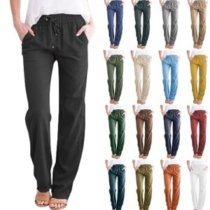 Somacperiy Women Cotton Linen Casual Pants Straight Leg Drawstring Elastic High Waist Loose Comfy Palazzo Trousers with Pockets(Black,Medium)
