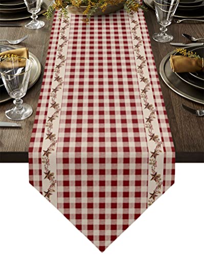 Table Runner Dresser Scarves Burgundy Red Buffalo Plaid Vintage Star Berry Vine Cotton Linen Burlap Table Cover American Country Style Table Runners for Family Kitchen Dining Holiday Party 13x48In