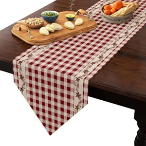 Table Runner Dresser Scarves Burgundy Red Buffalo Plaid Vintage Star Berry Vine Cotton Linen Burlap Table Cover American Country Style Table Runners for Family Kitchen Dining Holiday Party 13x48In