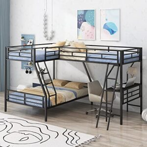 optough twin over full bunk bed with a twin size loft bed attached, l-shaped triple metal bed for three kids with a desk and 2 ladders, black