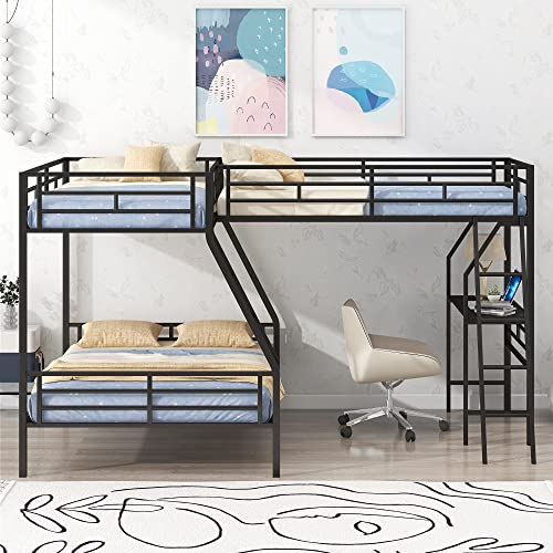 OPTOUGH Twin Over Full Bunk Bed with a Twin Size Loft Bed Attached, L-Shaped Triple Metal Bed for Three Kids with a Desk and 2 Ladders, Black