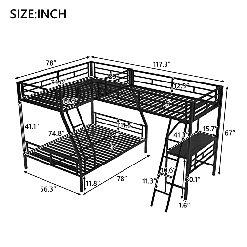 OPTOUGH Twin Over Full Bunk Bed with a Twin Size Loft Bed Attached, L-Shaped Triple Metal Bed for Three Kids with a Desk and 2 Ladders, Black