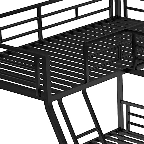 OPTOUGH Twin Over Full Bunk Bed with a Twin Size Loft Bed Attached, L-Shaped Triple Metal Bed for Three Kids with a Desk and 2 Ladders, Black