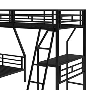 OPTOUGH Twin Over Full Bunk Bed with a Twin Size Loft Bed Attached, L-Shaped Triple Metal Bed for Three Kids with a Desk and 2 Ladders, Black