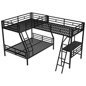 OPTOUGH Twin Over Full Bunk Bed with a Twin Size Loft Bed Attached, L-Shaped Triple Metal Bed for Three Kids with a Desk and 2 Ladders, Black