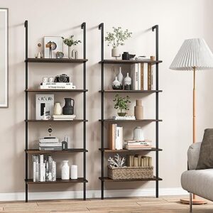 tangkula 5-tier bookshelf, modern wall mounted ladder shelf, 5 tiers wood wall open bookcase with metal frame, home office display rack storage shelves for collection, plant flower stand (2, brown)