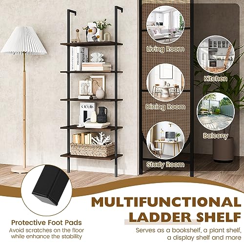 Tangkula 5-Tier Bookshelf, Modern Wall Mounted Ladder Shelf, 5 Tiers Wood Wall Open Bookcase with Metal Frame, Home Office Display Rack Storage Shelves for Collection, Plant Flower Stand (2, Brown)