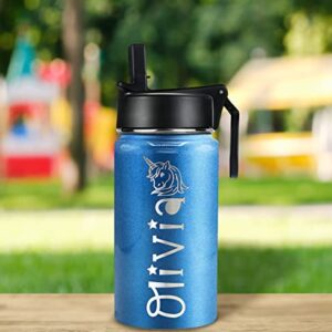 Personalized Kids Water Bottle with Straw Lid on Baby Blue Glitter for School Engraved Custom Children Name 12 oz Modern Insulated Stainless Steel Steel