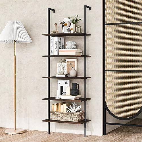 Tangkula 5-Tier Bookshelf, Modern Wall Mounted Ladder Shelf, 5 Tiers Wood Wall Open Bookcase with Metal Frame, Home Office Display Rack Storage Shelves for Collection, Plant Flower Stand (2, Brown)