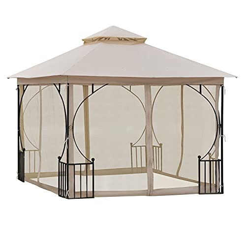 Outsunny 10' x 10' Patio Gazebo, Double Roof Outdoor Gazebo Canopy Shelter with Netting, Steel Corner Frame for Garden, Lawn, Backyard and Deck, Beige