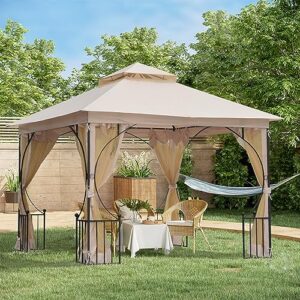 Outsunny 10' x 10' Patio Gazebo, Double Roof Outdoor Gazebo Canopy Shelter with Netting, Steel Corner Frame for Garden, Lawn, Backyard and Deck, Beige