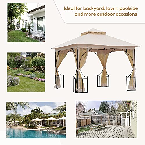 Outsunny 10' x 10' Patio Gazebo, Double Roof Outdoor Gazebo Canopy Shelter with Netting, Steel Corner Frame for Garden, Lawn, Backyard and Deck, Beige