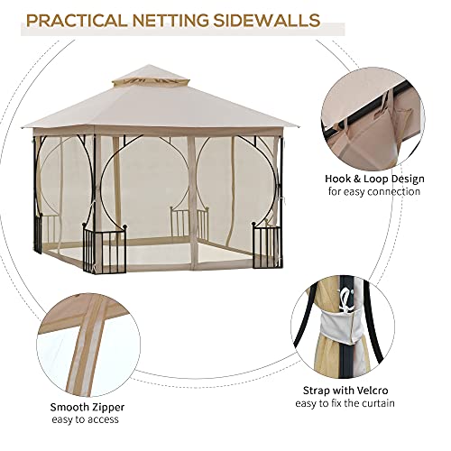 Outsunny 10' x 10' Patio Gazebo, Double Roof Outdoor Gazebo Canopy Shelter with Netting, Steel Corner Frame for Garden, Lawn, Backyard and Deck, Beige