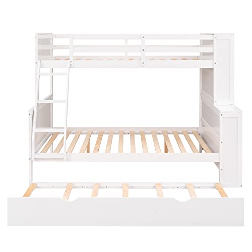 DEYOBED Twin Over Full Wooden Bunk Bed with Trundle and Shelves - Designed for Kids, Teens, and Adults, Enhancing Space and Organization in Bedrooms