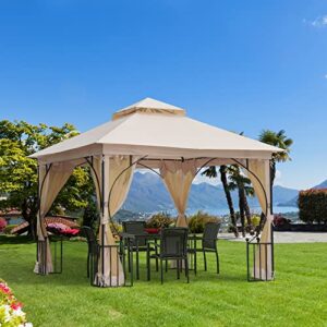 Outsunny 10' x 10' Patio Gazebo, Double Roof Outdoor Gazebo Canopy Shelter with Netting, Steel Corner Frame for Garden, Lawn, Backyard and Deck, Beige