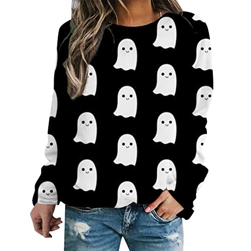 Halloween Shirts for Women Vintage Womens Halloween Print O Neck Sweatshirt Pumpkin Fit Pullover Tops Casual Long Sleeve Workout Shirts Loose Blouse