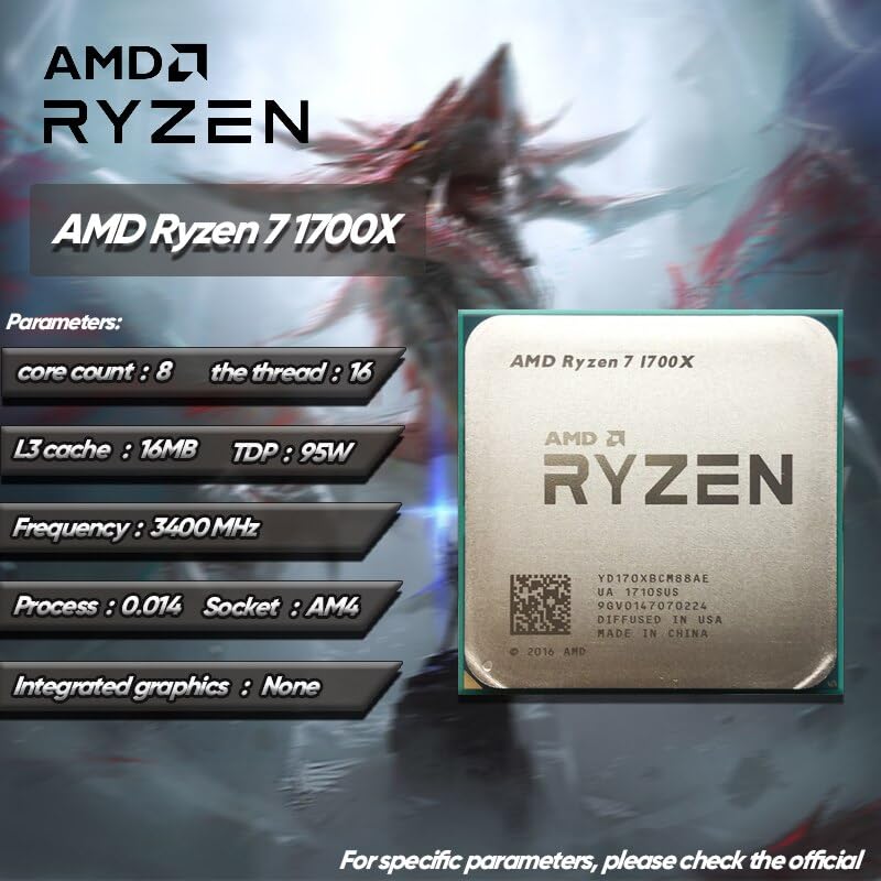 SAAKO Ryzen 7 1700X R7 1700X 3.4 GHz Gaming Zen 0.014 Eight-Core CPU Processor YD170XBCM88AE Socket AM4 Making Computers Process Data Faster