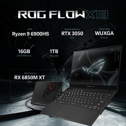 ASUS ROG Flow X13 Gaming Laptop, 13.4" WUXGA Touchscreen, AMD R9 6900HS, 16GB RAM, 1TB SSD, NVIDIA RTX 3050 & XG Mobile Dock GC32L AMD RX 6850M XT, Backlit KB, Fingerprint Reader, Win 11 Pro, Black