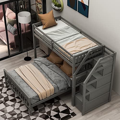 OPTOUGH Twin Over Full Bunk Bed with Staircase,Twin Loft Bed with Storage Drawers and Full Platform Bed,Wooden L Shaped Bunk Beds for Kids,No Box Spring Needed,Gray