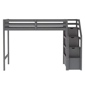 OPTOUGH Twin Over Full Bunk Bed with Staircase,Twin Loft Bed with Storage Drawers and Full Platform Bed,Wooden L Shaped Bunk Beds for Kids,No Box Spring Needed,Gray