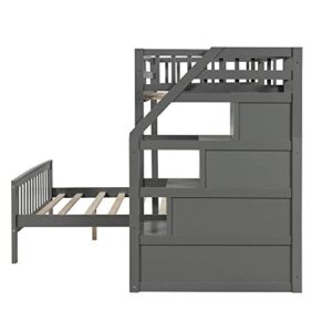 OPTOUGH Twin Over Full Bunk Bed with Staircase,Twin Loft Bed with Storage Drawers and Full Platform Bed,Wooden L Shaped Bunk Beds for Kids,No Box Spring Needed,Gray