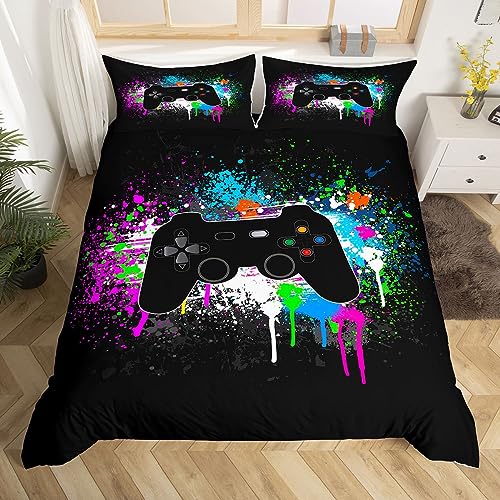 Manfei Modern Gamer Duvet Cover Set Twin Size, Black Gamepad Controller Comforter Cover with 1 Pillowcase, Video Games Bedding Set 2pcs for Kids Boy Children Room Decor Teens Gaming Bedspread Cover