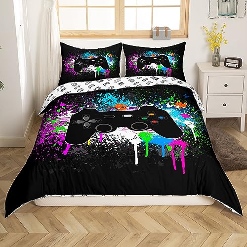 Manfei Modern Gamer Duvet Cover Set Twin Size, Black Gamepad Controller Comforter Cover with 1 Pillowcase, Video Games Bedding Set 2pcs for Kids Boy Children Room Decor Teens Gaming Bedspread Cover