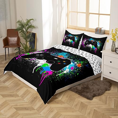 Manfei Modern Gamer Duvet Cover Set Twin Size, Black Gamepad Controller Comforter Cover with 1 Pillowcase, Video Games Bedding Set 2pcs for Kids Boy Children Room Decor Teens Gaming Bedspread Cover