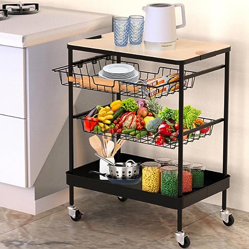 VLOBAOM Home Bar Serving Cart, Rolling Kitchen Island with Removable Wooden Tabletop & Storage Baskets, Mobile Kitchen Serving Trolley,24''Dx16''Wx30''H,Black