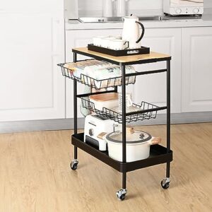 VLOBAOM Home Bar Serving Cart, Rolling Kitchen Island with Removable Wooden Tabletop & Storage Baskets, Mobile Kitchen Serving Trolley,24''Dx16''Wx30''H,Black