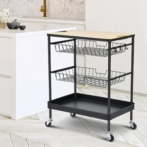 VLOBAOM Home Bar Serving Cart, Rolling Kitchen Island with Removable Wooden Tabletop & Storage Baskets, Mobile Kitchen Serving Trolley,24''Dx16''Wx30''H,Black