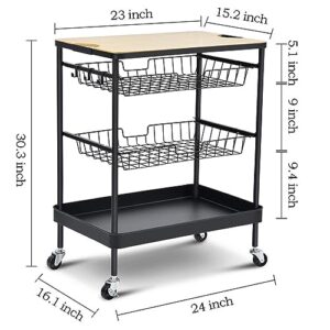 VLOBAOM Home Bar Serving Cart, Rolling Kitchen Island with Removable Wooden Tabletop & Storage Baskets, Mobile Kitchen Serving Trolley,24''Dx16''Wx30''H,Black