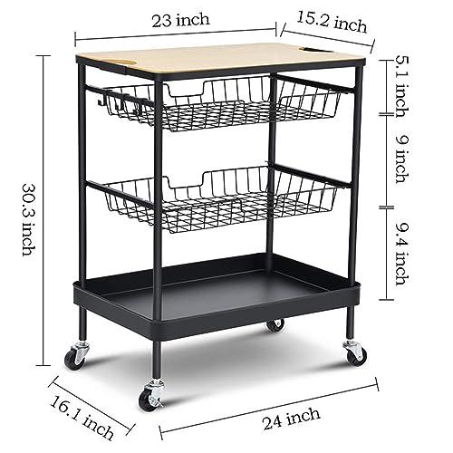 VLOBAOM Home Bar Serving Cart, Rolling Kitchen Island with Removable Wooden Tabletop & Storage Baskets, Mobile Kitchen Serving Trolley,24''Dx16''Wx30''H,Black