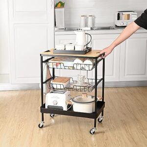 VLOBAOM Home Bar Serving Cart, Rolling Kitchen Island with Removable Wooden Tabletop & Storage Baskets, Mobile Kitchen Serving Trolley,24''Dx16''Wx30''H,Black