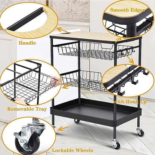 VLOBAOM Home Bar Serving Cart, Rolling Kitchen Island with Removable Wooden Tabletop & Storage Baskets, Mobile Kitchen Serving Trolley,24''Dx16''Wx30''H,Black