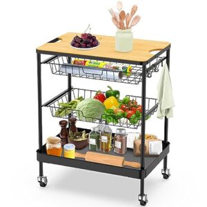 vlobaom rolling home bar serving cart with removable wooden tabletop & storage baskets, industrial kitchen island storage shelf,24''dx16''wx30''h,black