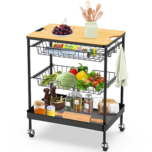 VLOBAOM Rolling Home Bar Serving Cart with Removable Wooden Tabletop & Storage Baskets, Industrial Kitchen Island Storage Shelf,24''Dx16''Wx30''H,Black