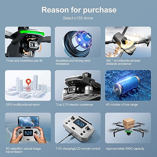 RKSTD 2.7K Camera GPS RC Drone For Adults, Foldable RC Quadcopter, Auto Return, Follow Me, Brushless Motor, Circle Flight, Waypoint Flight, Altitude Hold, Headless Mode